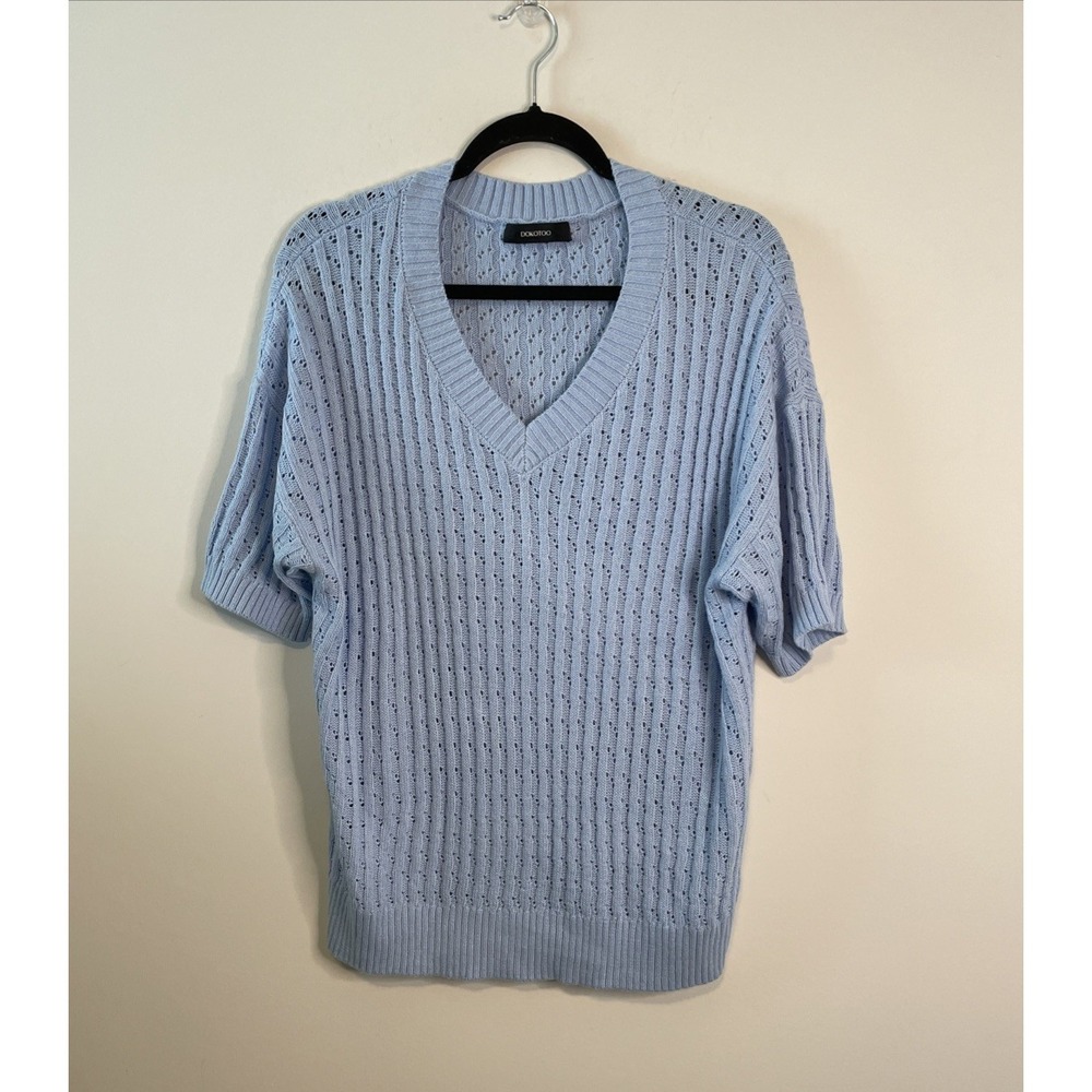 Dokotoo Size L Light Blue Open Knit V Neck Short Sleeve Sweater Top